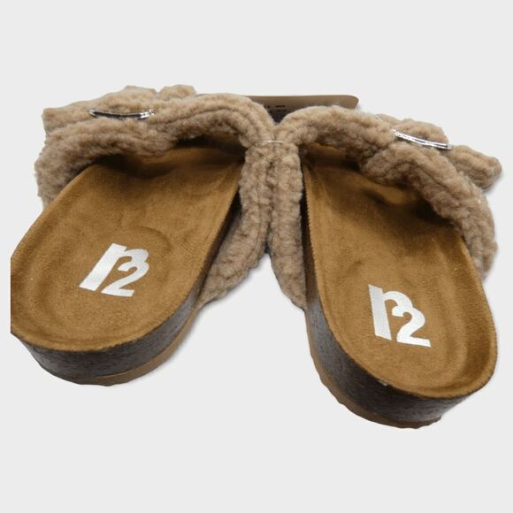 R2 Bernette Tan Sherpa Faux Fur Slip On Slide Sandals Size 6M - Picture 7 of 12